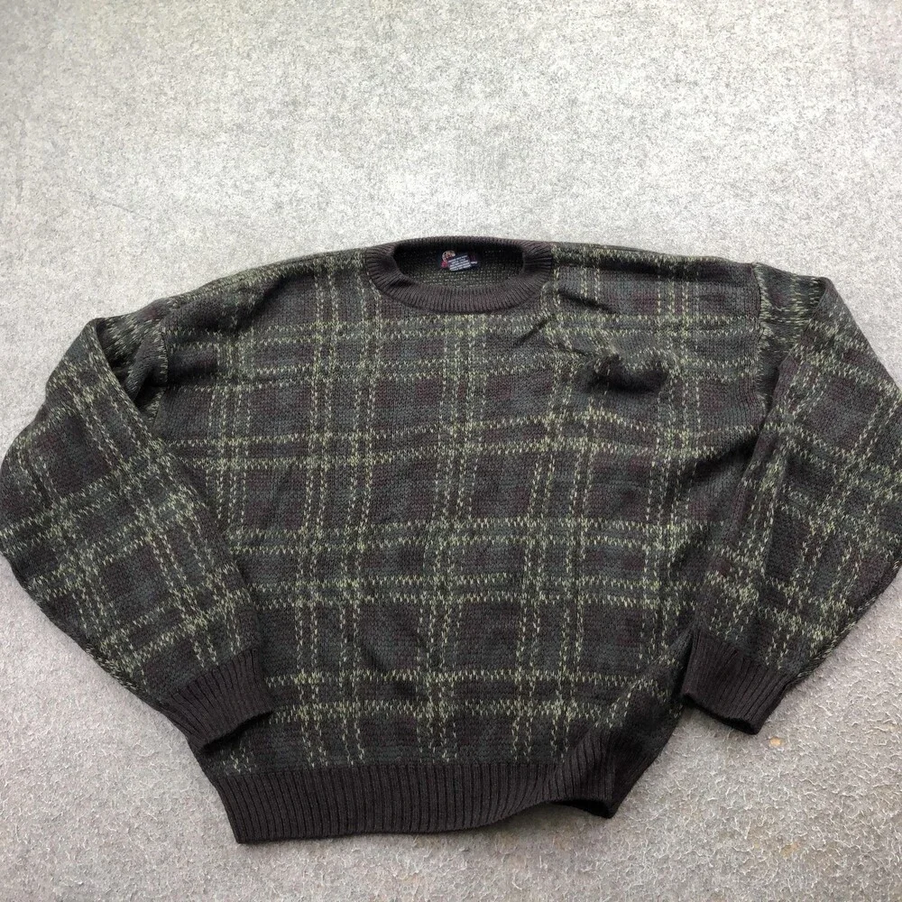 Vintage Trading Company Sweater Mens 2XL Brown Plaid Knit Crewneck Pullover